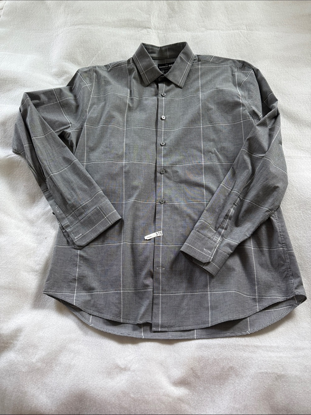 Express 1MX Men's Grey Windowpane Long-Sleeve Dress Shirt